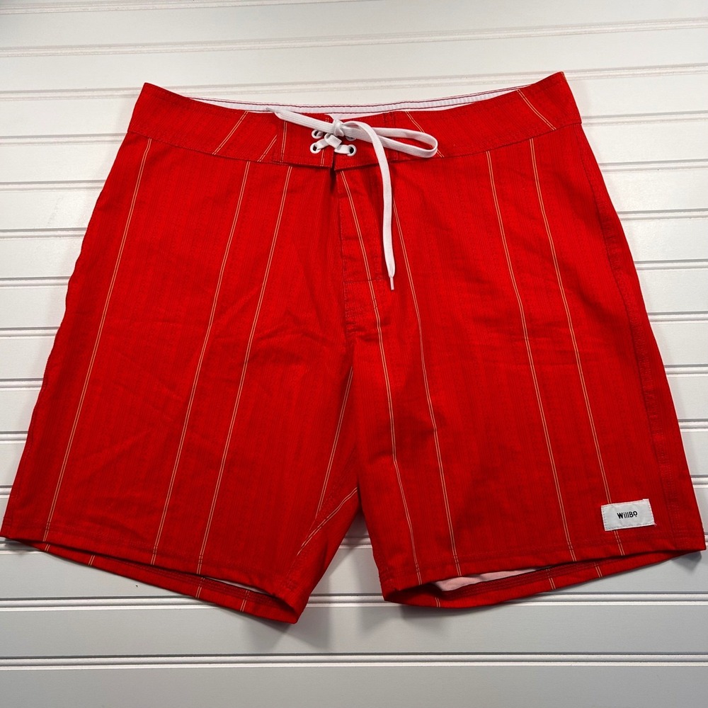 NWOT Willbo Classic Board Short/Swim Short Men's L Red Yellow Pinstripe Stretch